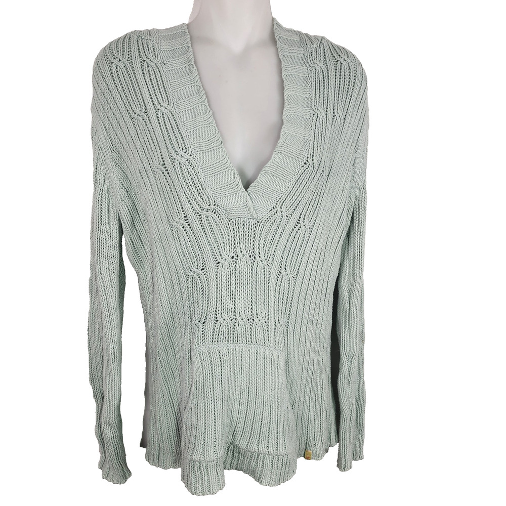 Stamp 10 Womens Pullover Sweater Cable Knit Hooded V Neck Green Medium Y2K Retro